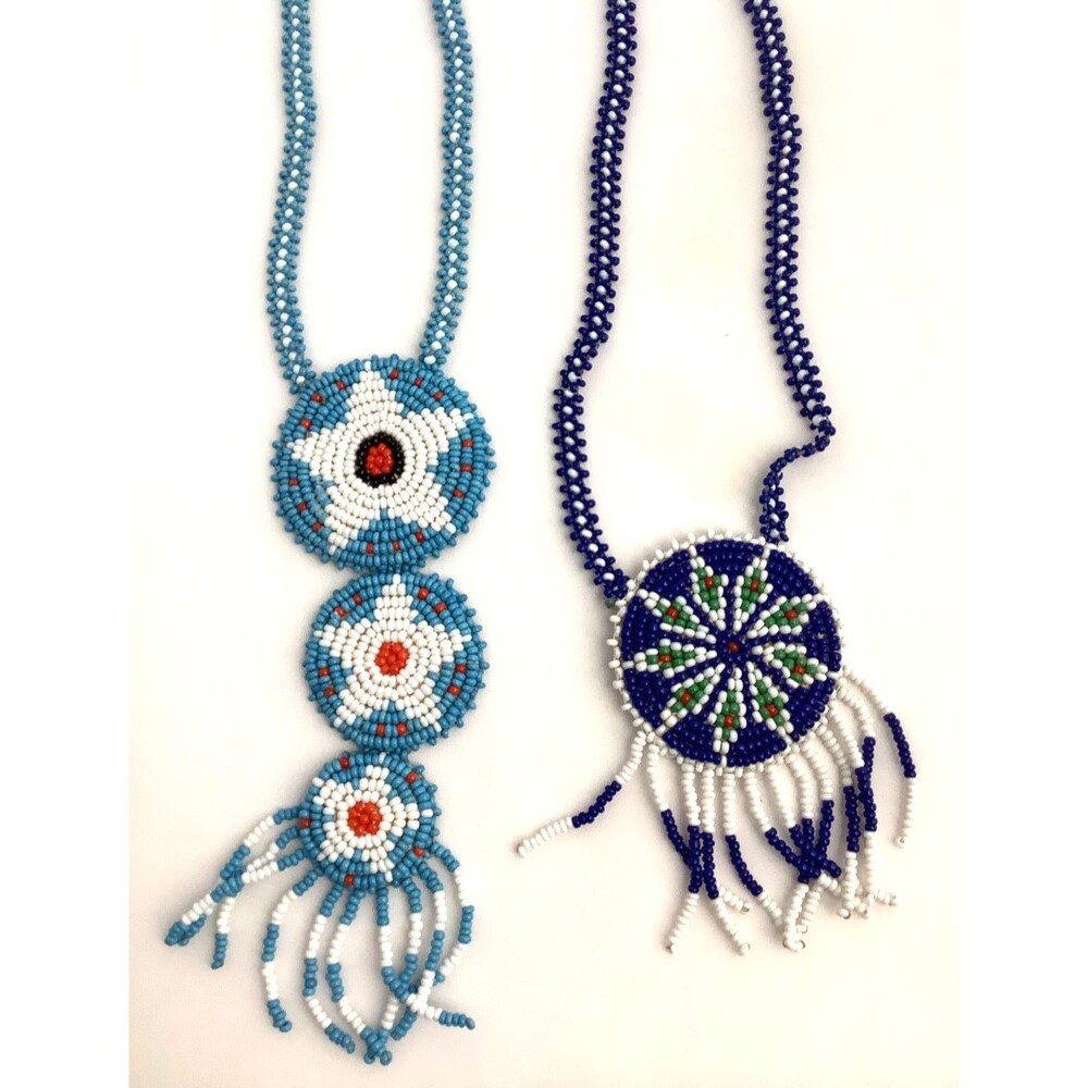 Vintage Southwest Necklaces Seed Bead  Fringe Medallions Blue White Star Design